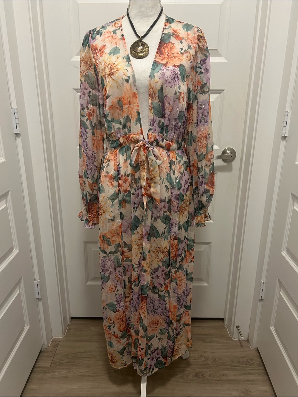 Express Floral Cream Maxi Dress with Pastel Orange & Lilac Blooms